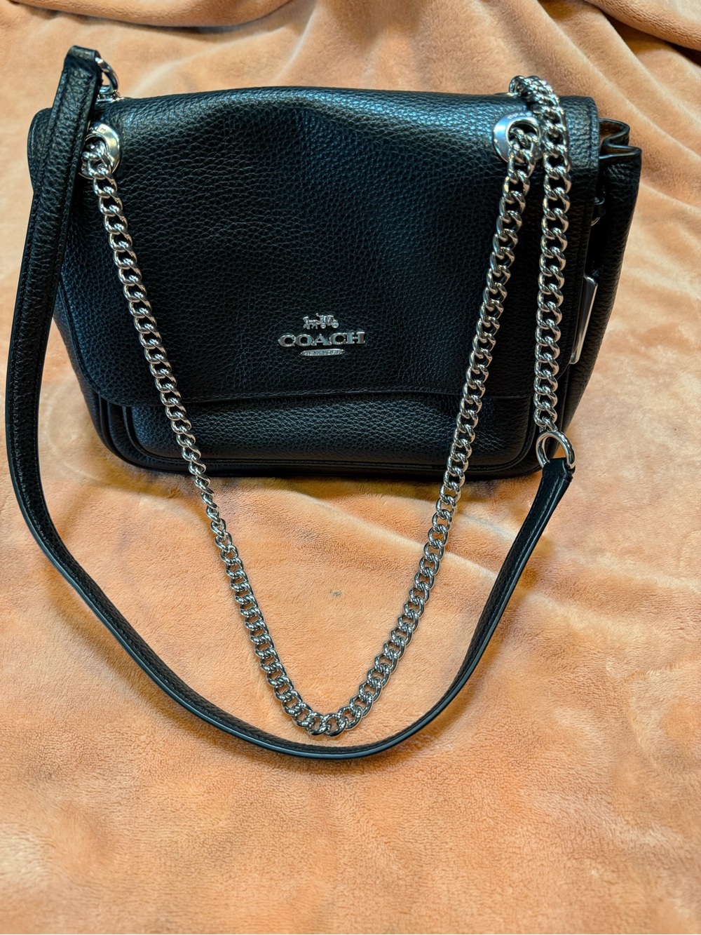 Coach Black Pebbled Leather Shoulder Bag with Silver Chain